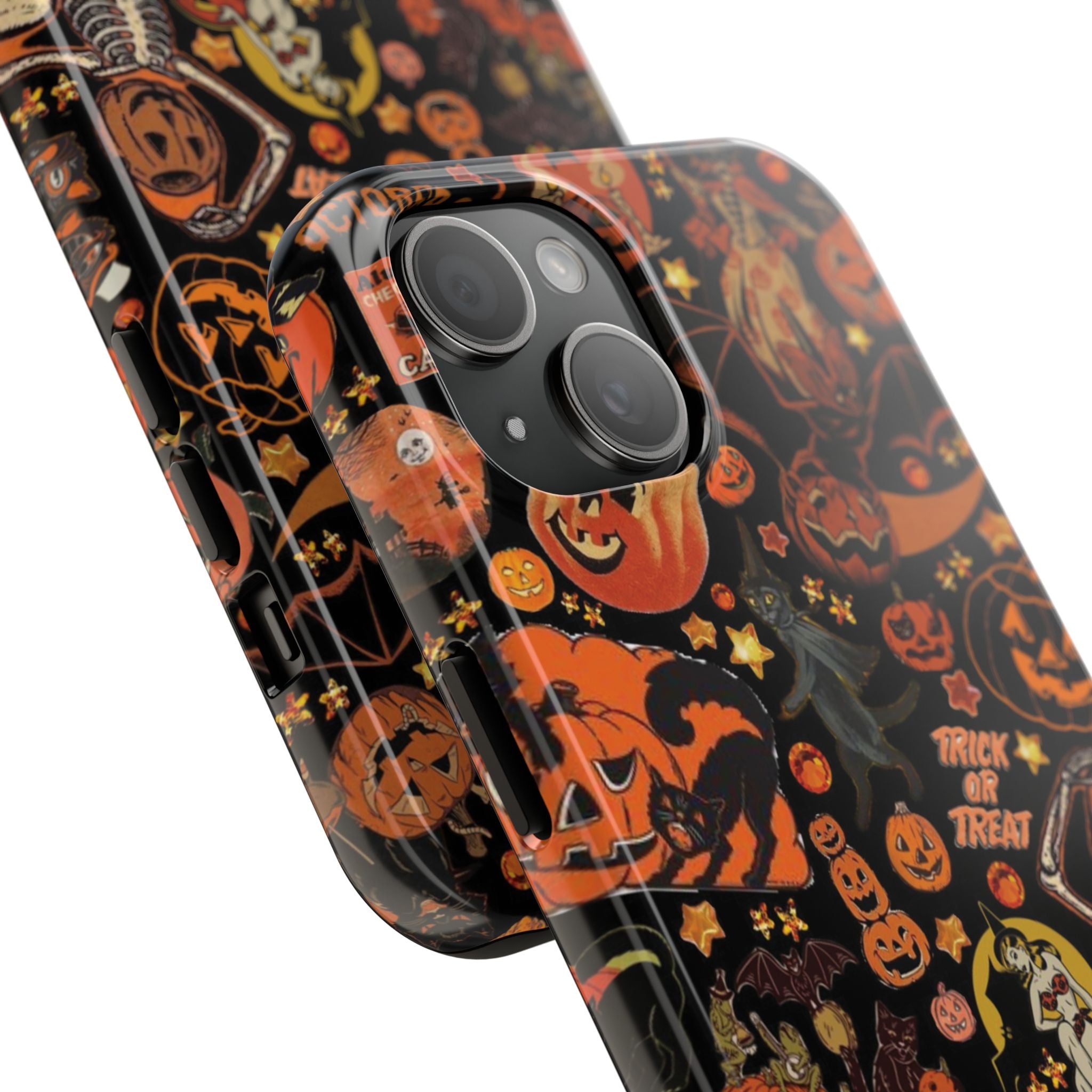 Vintage Trick or Treat Phone Case – Black Cats, Jack-o'-Lanterns & Candy Collage, Phone Accessory for ip 11 12 13 14 15 16 Promax Pro Plus