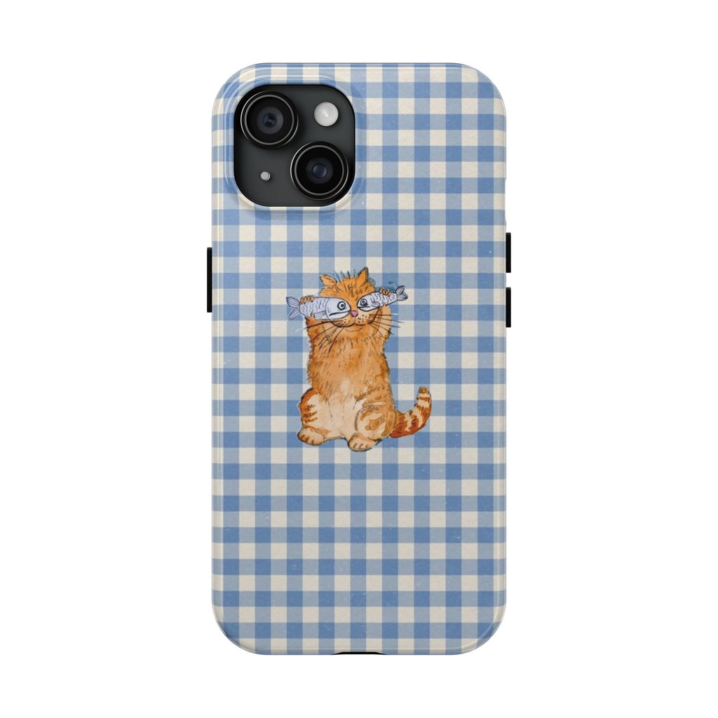 Cute Cat Gingham Phone Case – Funny Fish Eyes Retro Aesthetic Cover, Phone Accessory for ip 11 12 13 14 15 16 Promax Pro Plus