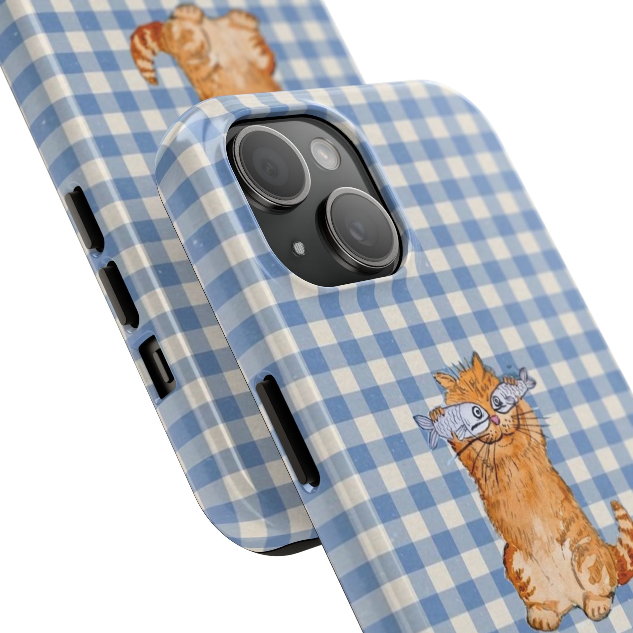 Cute Cat Gingham Phone Case – Funny Fish Eyes Retro Aesthetic Cover, Phone Accessory for ip 11 12 13 14 15 16 Promax Pro Plus