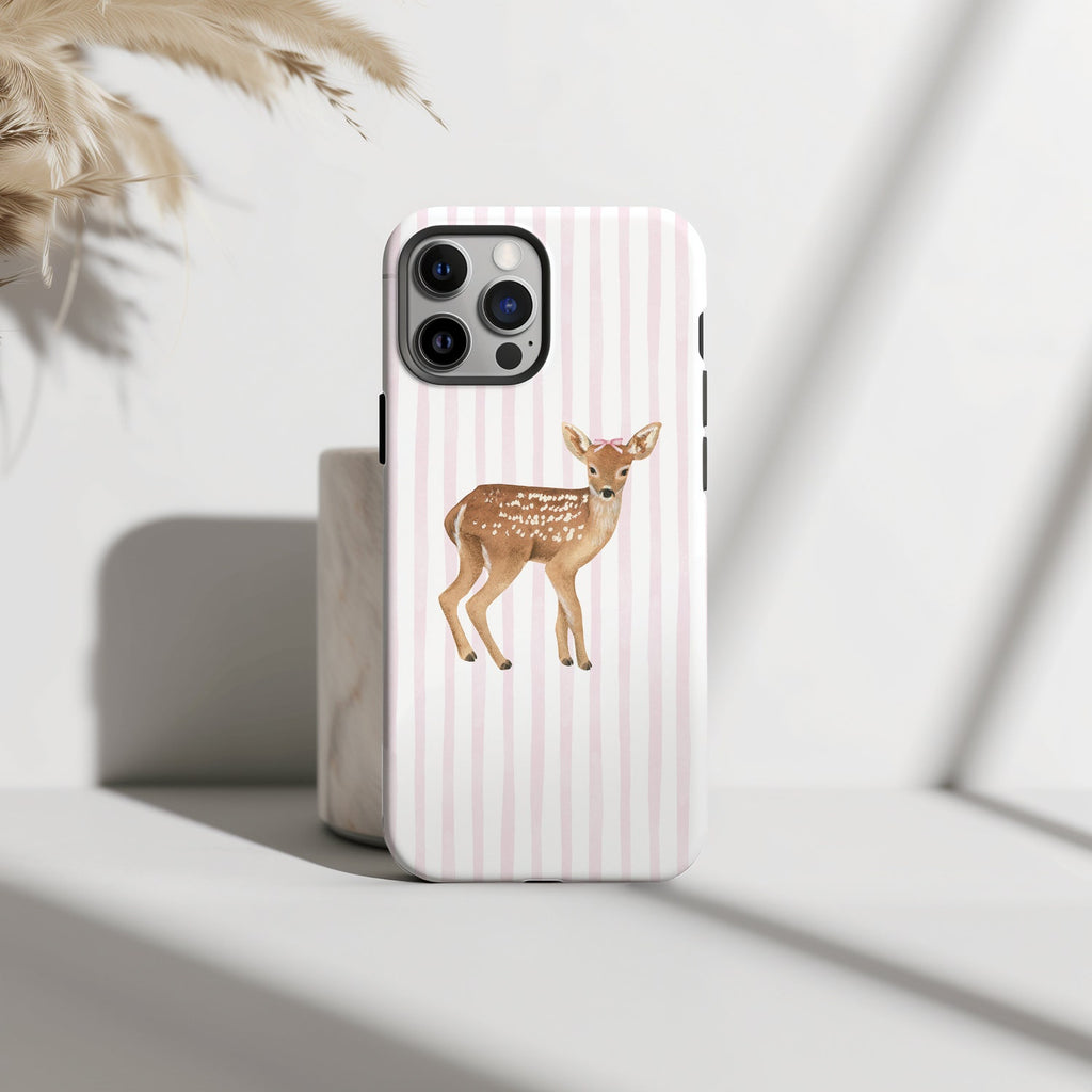Cute Deer Phone Case, Girly Phone Cover, Pink & White Stripes, Phone Cover for ip 17 16 15 14 13 12 11 ss s25 24 23