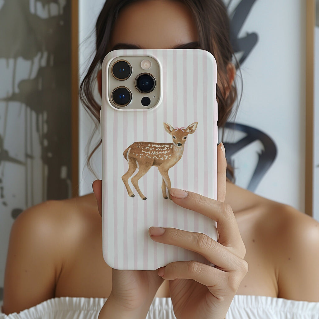 Cute Deer Phone Case, Girly Phone Cover, Pink & White Stripes, Phone Cover for ip 17 16 15 14 13 12 11 ss s25 24 23