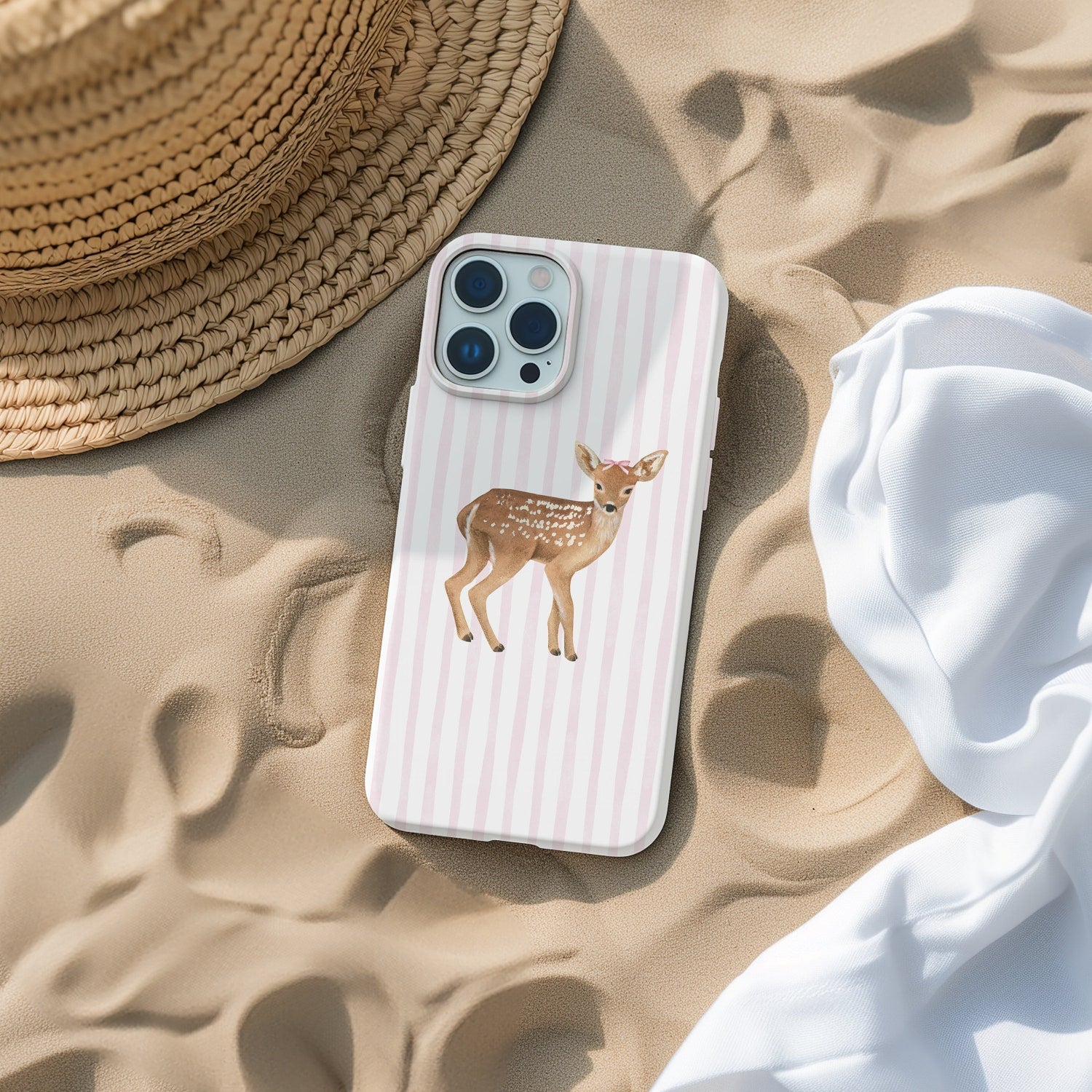 Cute Deer Phone Case, Girly Phone Cover, Pink & White Stripes, Phone Cover for ip 17 16 15 14 13 12 11 ss s25 24 23