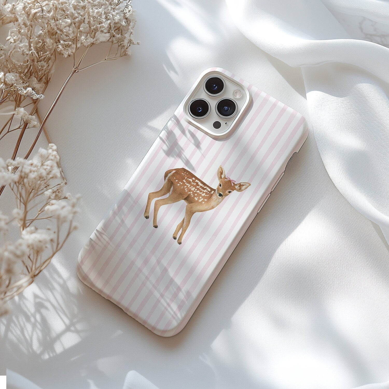 Cute Deer Phone Case, Girly Phone Cover, Pink & White Stripes, Phone Cover for ip 17 16 15 14 13 12 11 ss s25 24 23