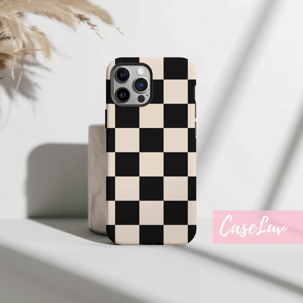 Checkered Phone case, Black and Cream Checkerboard pattern Phone Case - Simple Phone Case