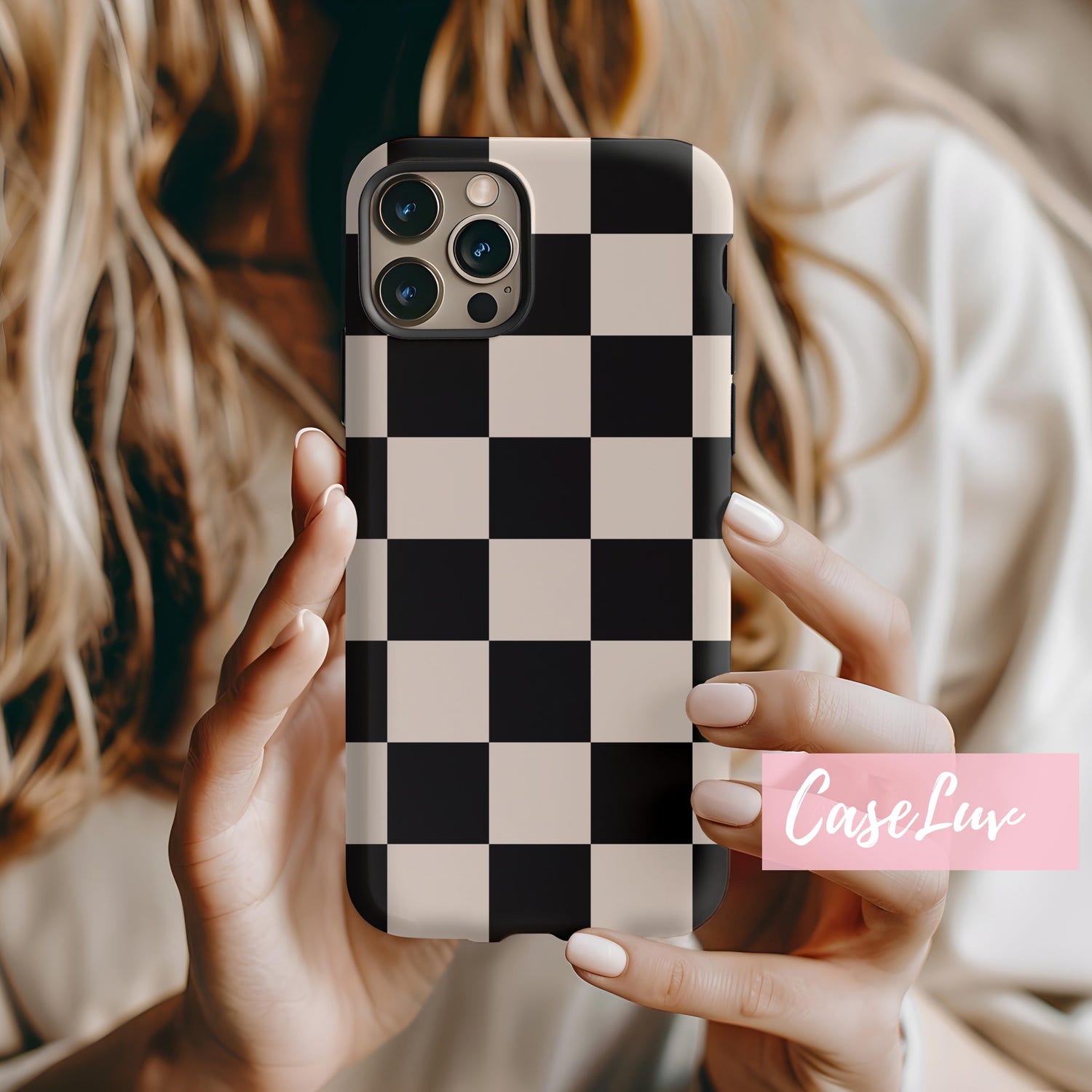 Checkered Phone case, Black and Cream Checkerboard pattern Phone Case - Simple Phone Case