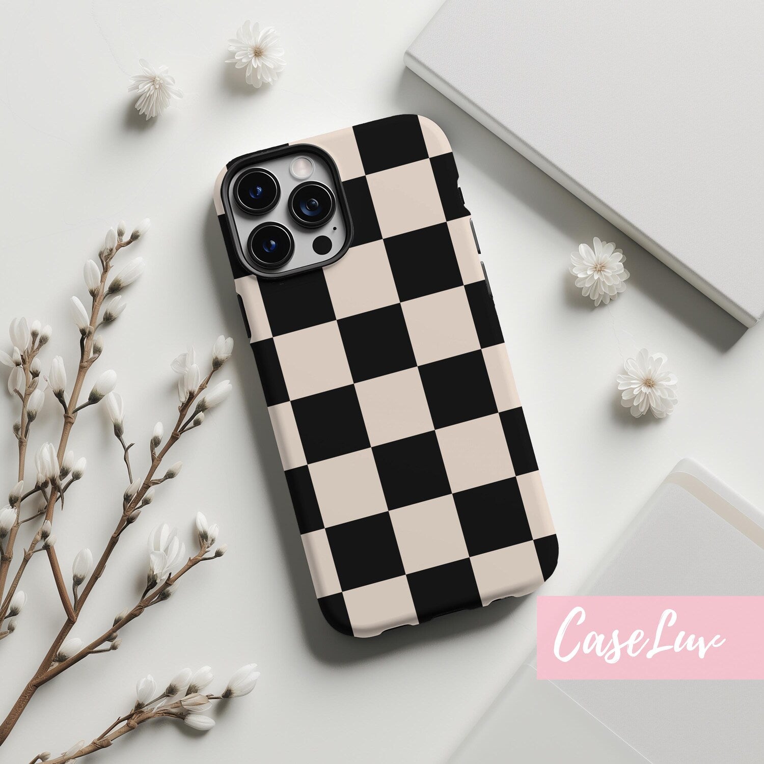 Checkered Phone case, Black and Cream Checkerboard pattern Phone Case - Simple Phone Case