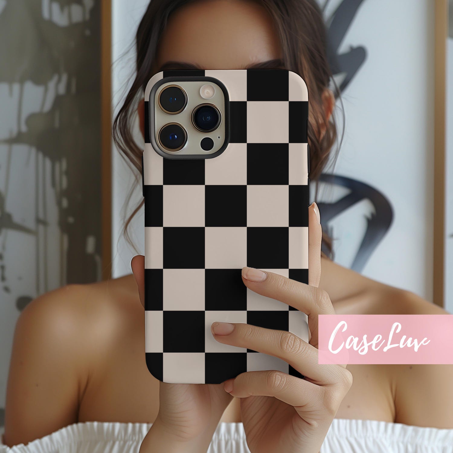 Checkered Phone case, Black and Cream Checkerboard pattern Phone Case - Simple Phone Case