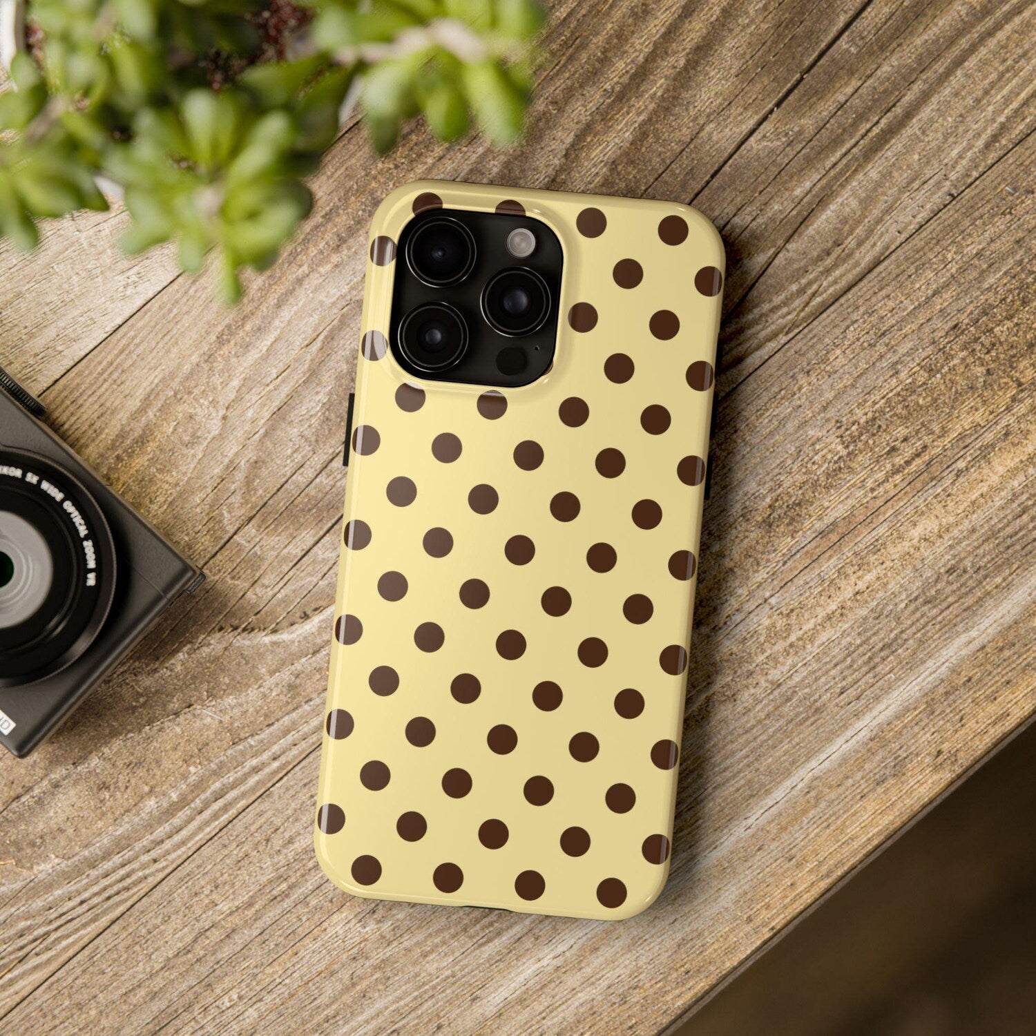 Brown Polka Dot Phone Case | Retro Butter Yellow & Chocolate Polka Dot Pattern | Cute Vintage Aesthetic | Glossy Tough Case