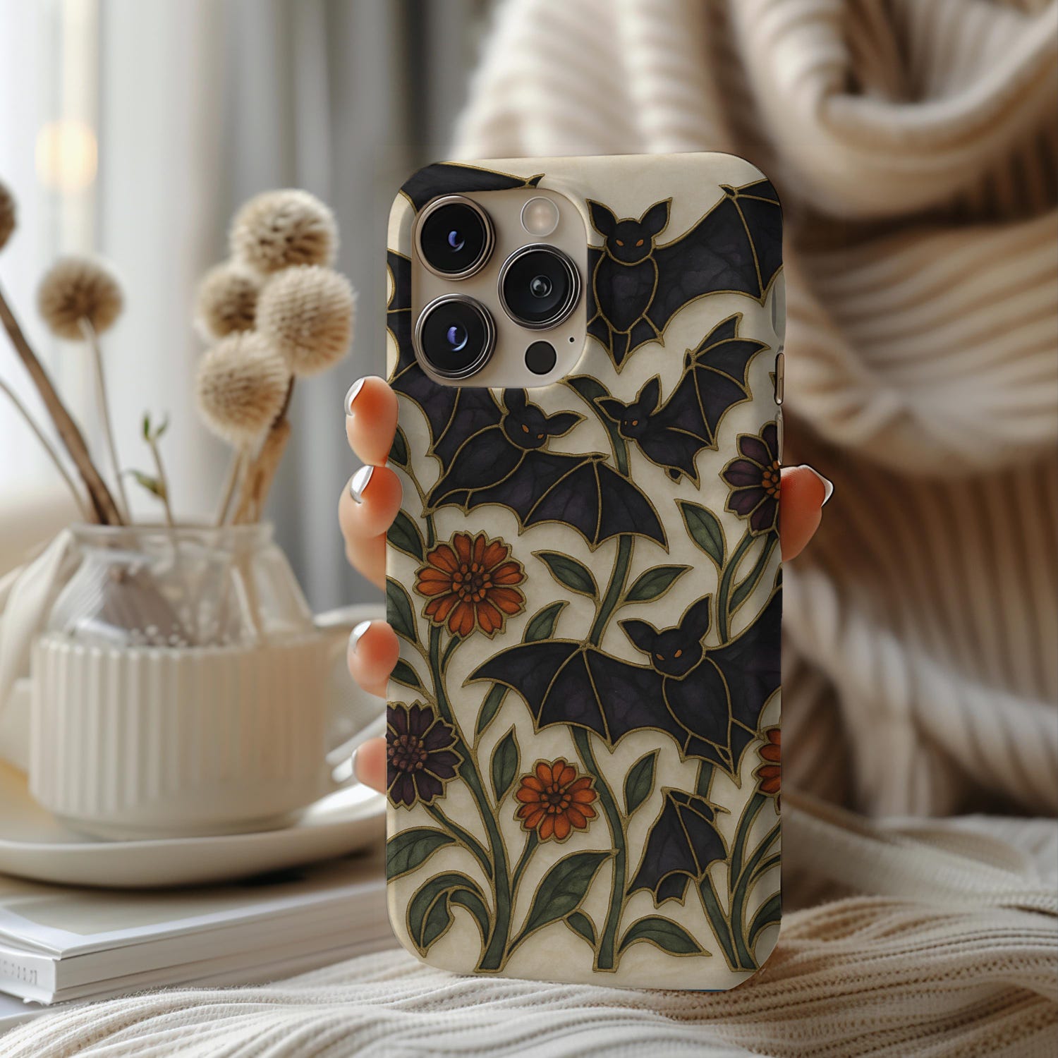 Bat Phone Case Halloween Cute Cover Spooky Glass Wildflower Vintage Goth Aesthetic