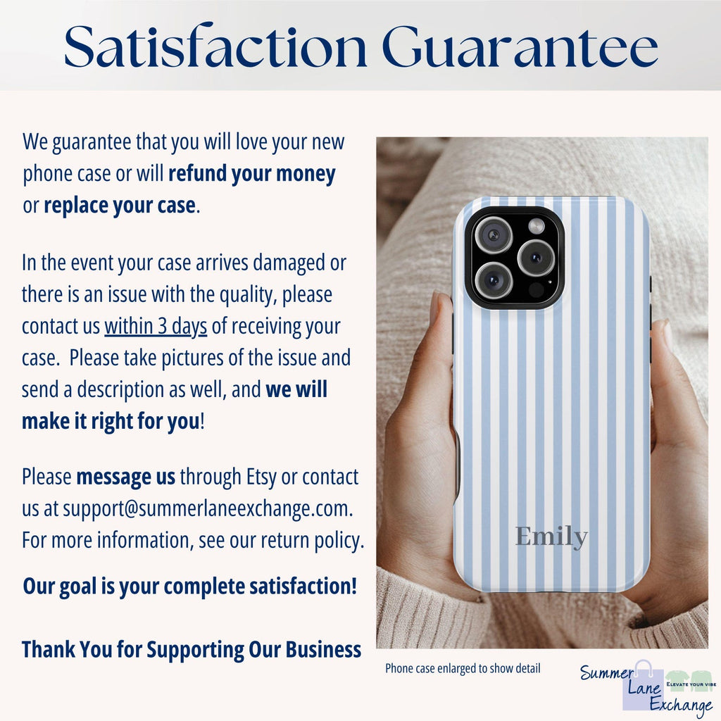 Blue Personalized Phone Case, Custom Monogram Beachy Phone Case Initials or Name, Aesthetic Phone Case Retro Stripes