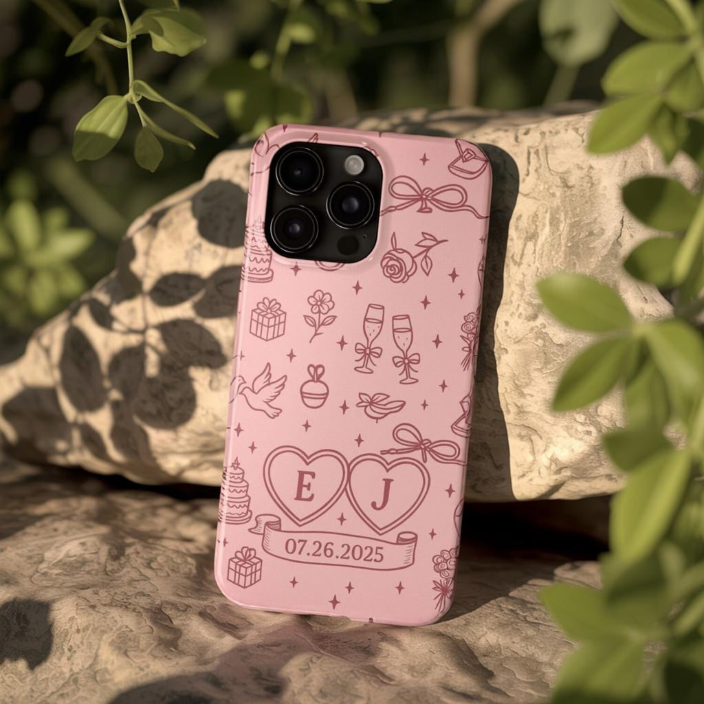 Personalized Initials & Date Phone Case, Romantic Blush Pink Love Design Phone Cover for ip 17 16 15 14 13 12 11 ss s25 24 23