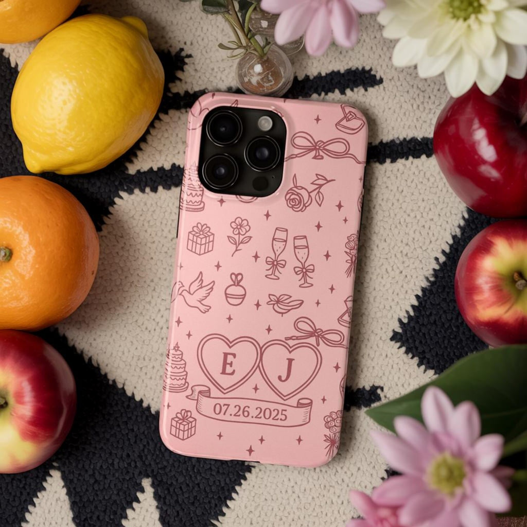 Personalized Initials & Date Phone Case, Romantic Blush Pink Love Design Phone Cover for ip 17 16 15 14 13 12 11 ss s25 24 23
