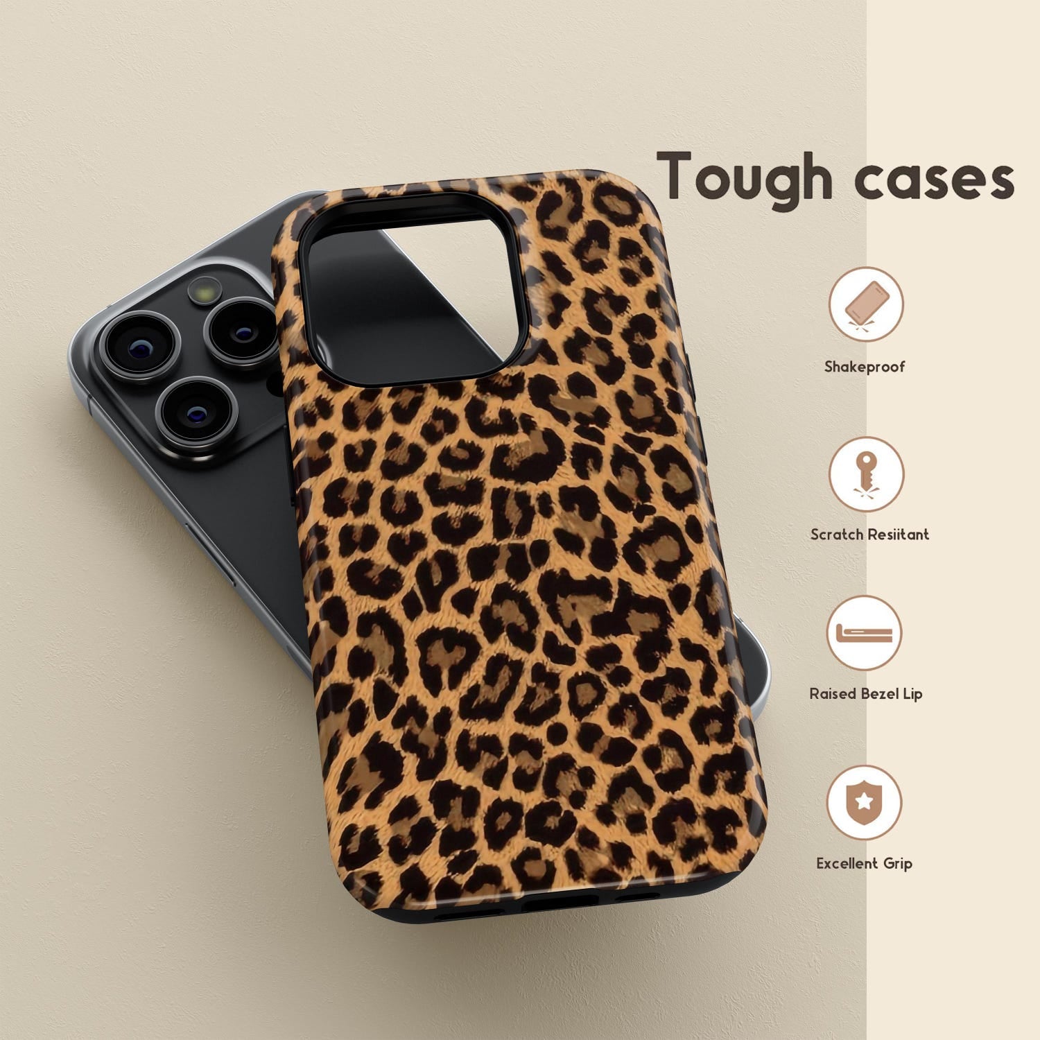 Leopard Print Phone Case, Classic, Chic Brown Animal Print Tough Cover for ip 17 16 15 14 13 12 11