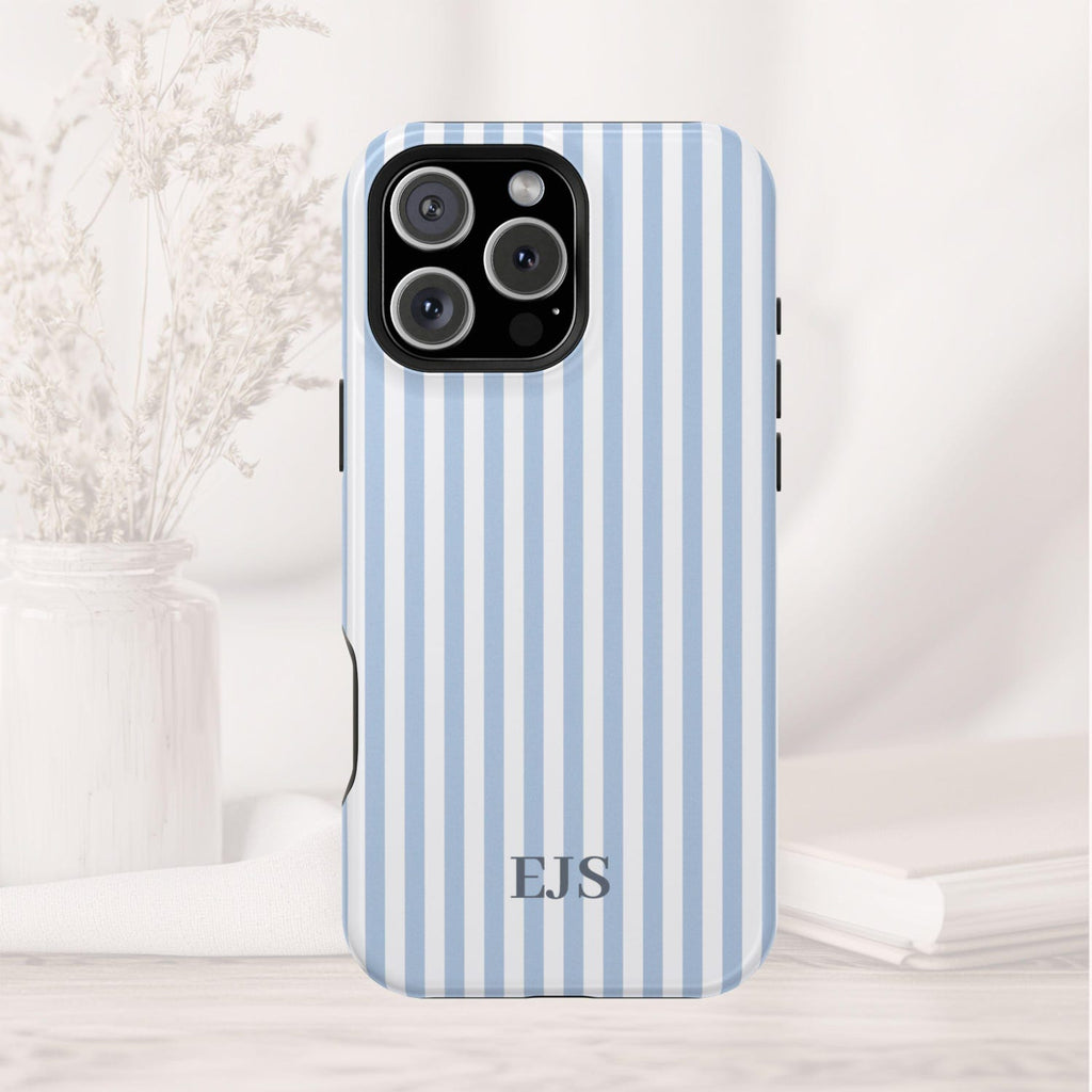 Blue Personalized Phone Case, Custom Monogram Beachy Phone Case Initials or Name, Aesthetic Phone Case Retro Stripes