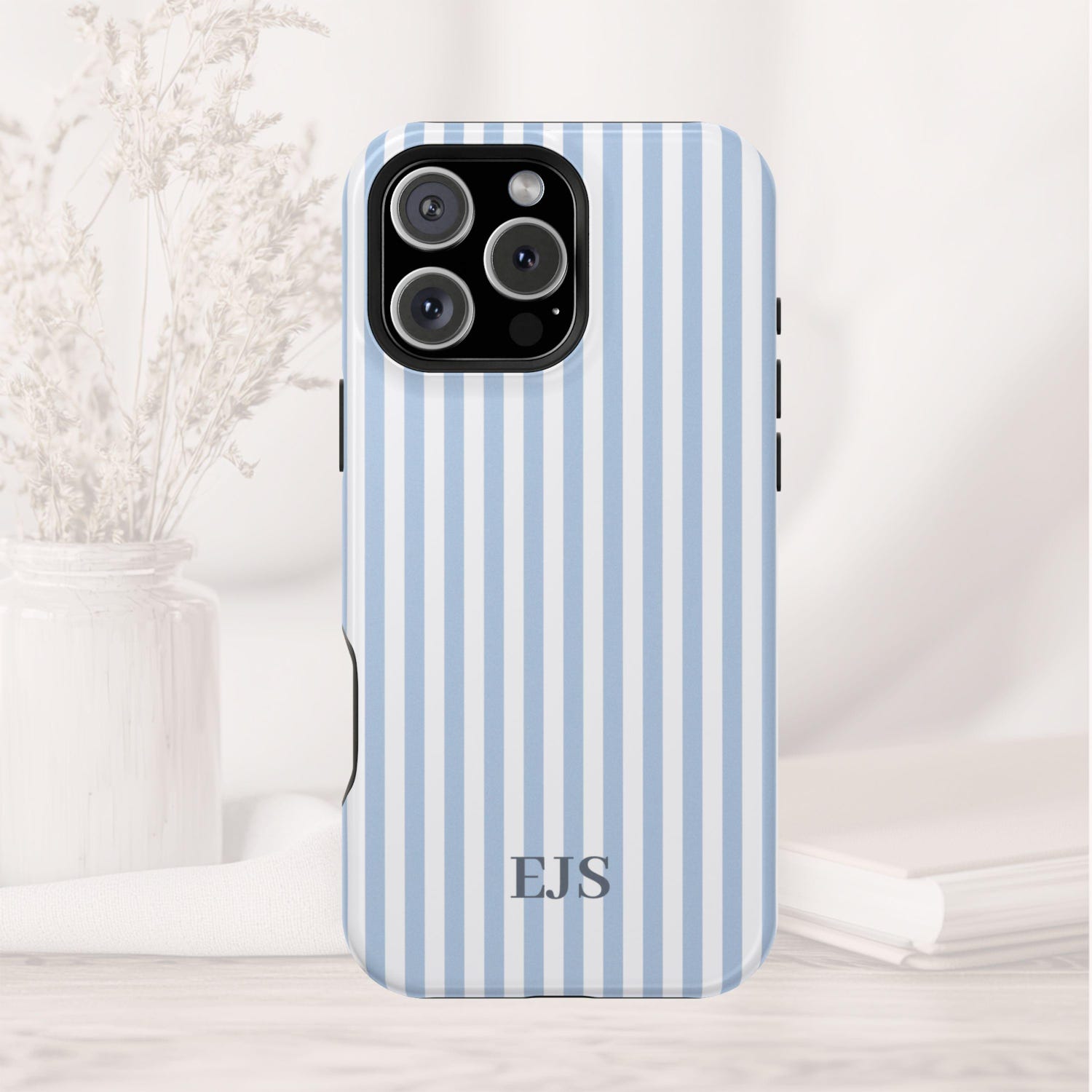 Blue Personalized Phone Case, Custom Monogram Beachy Phone Case Initials or Name, Aesthetic Phone Case Retro Stripes