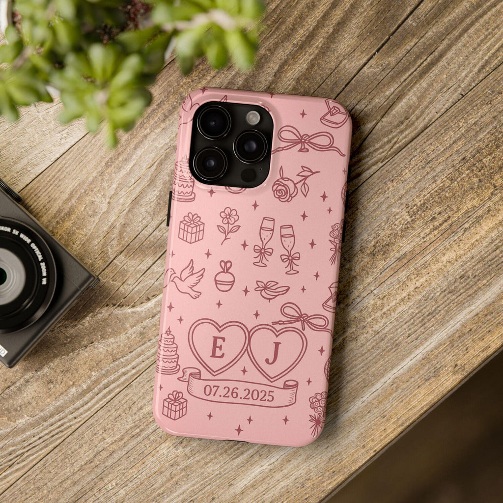 Personalized Initials & Date Phone Case, Romantic Blush Pink Love Design Phone Cover for ip 17 16 15 14 13 12 11 ss s25 24 23
