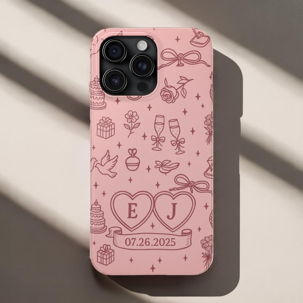 Personalized Initials & Date Phone Case, Romantic Blush Pink Love Design Phone Cover for ip 17 16 15 14 13 12 11 ss s25 24 23