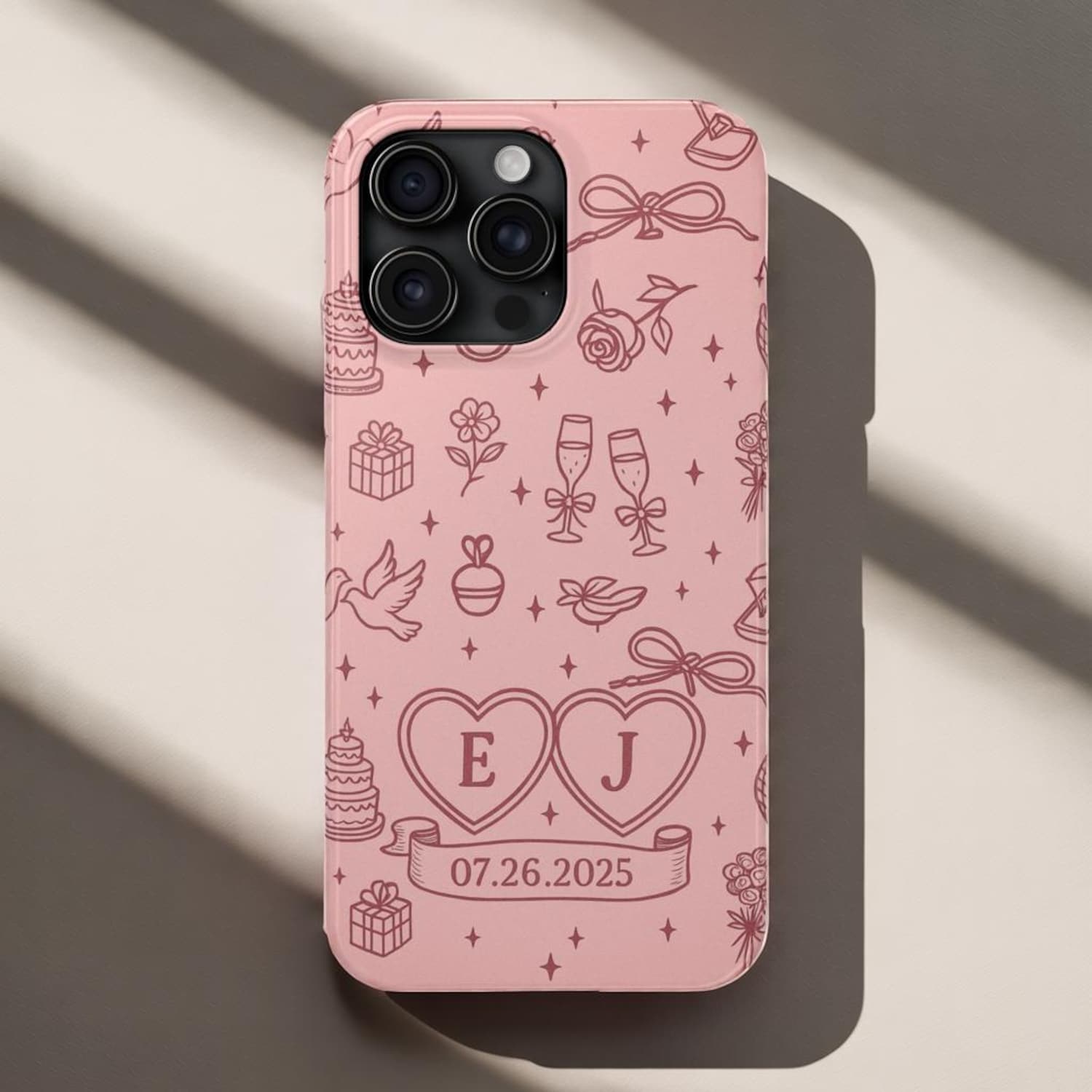 Personalized Initials & Date Phone Case, Romantic Blush Pink Love Design Phone Cover for ip 17 16 15 14 13 12 11 ss s25 24 23