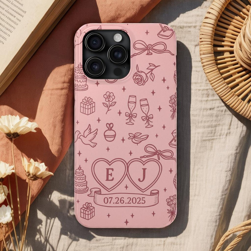 Personalized Initials & Date Phone Case, Romantic Blush Pink Love Design Phone Cover for ip 17 16 15 14 13 12 11 ss s25 24 23
