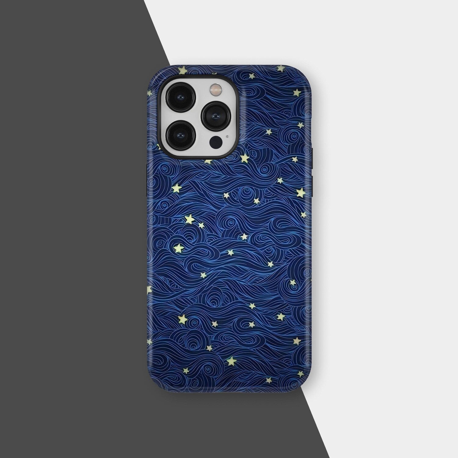 Starry Phone Case, Blue Swirl Celestial Design, Y2K Stars Pattern, Night Sky Aesthetic for ip 17 16 15 14 13 12 11