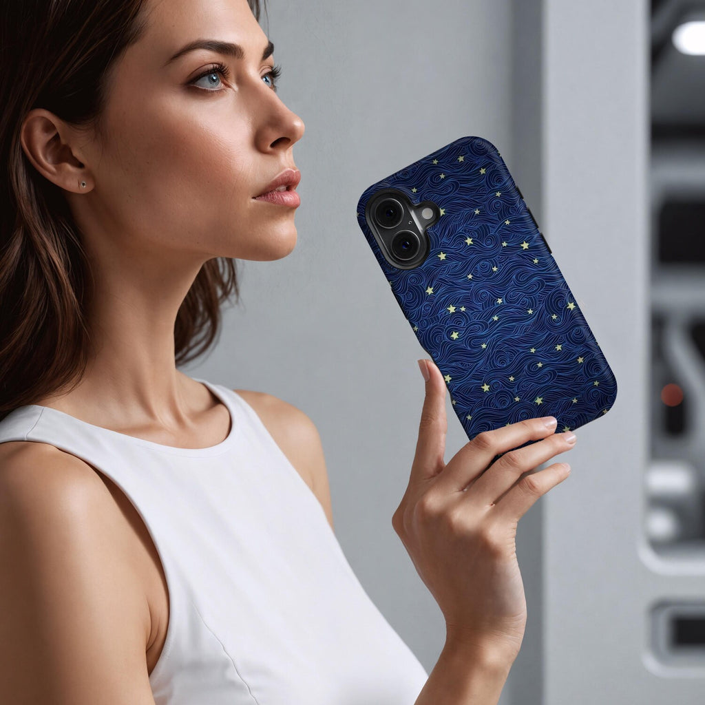 Starry Phone Case, Blue Swirl Celestial Design, Y2K Stars Pattern, Night Sky Aesthetic for ip 17 16 15 14 13 12 11