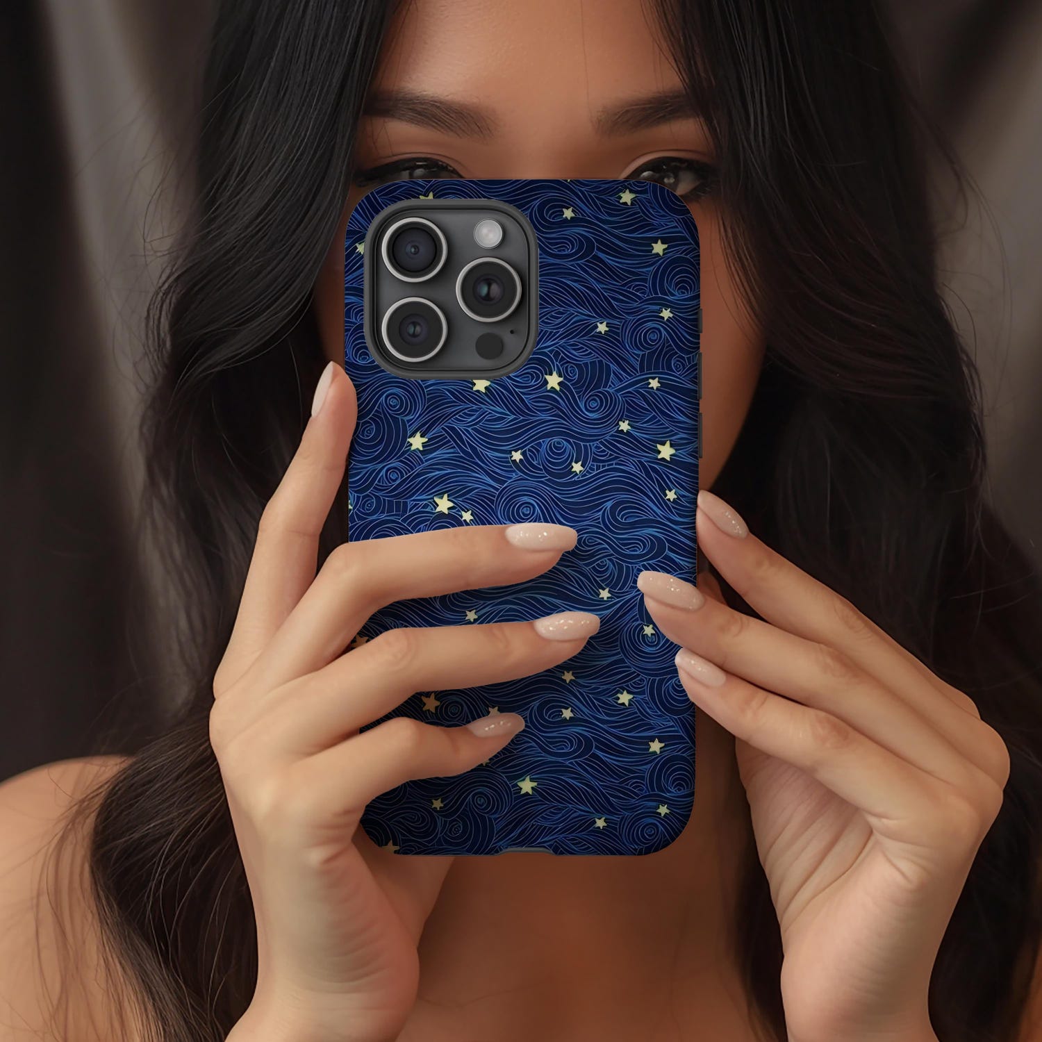 Starry Phone Case, Blue Swirl Celestial Design, Y2K Stars Pattern, Night Sky Aesthetic for ip 17 16 15 14 13 12 11