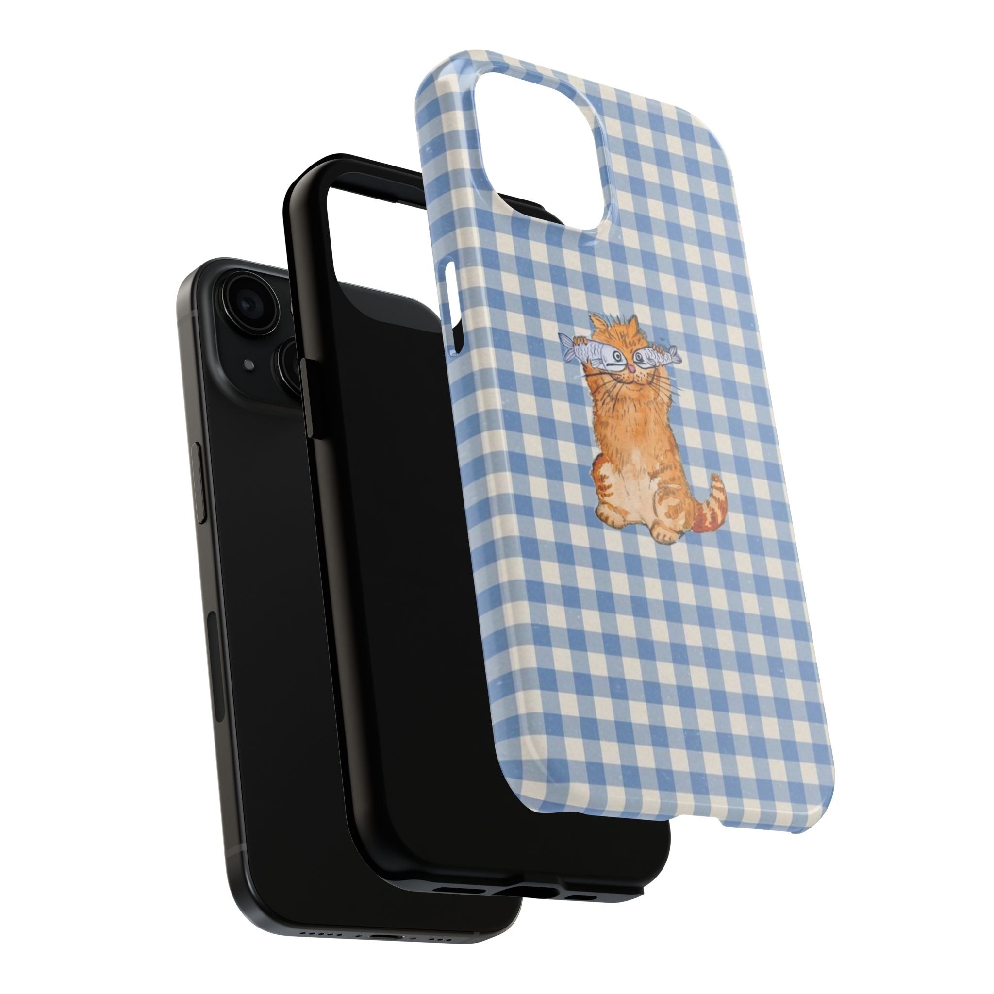 Cute Cat Gingham Phone Case – Funny Fish Eyes Retro Aesthetic Cover, Phone Accessory for ip 11 12 13 14 15 16 Promax Pro Plus