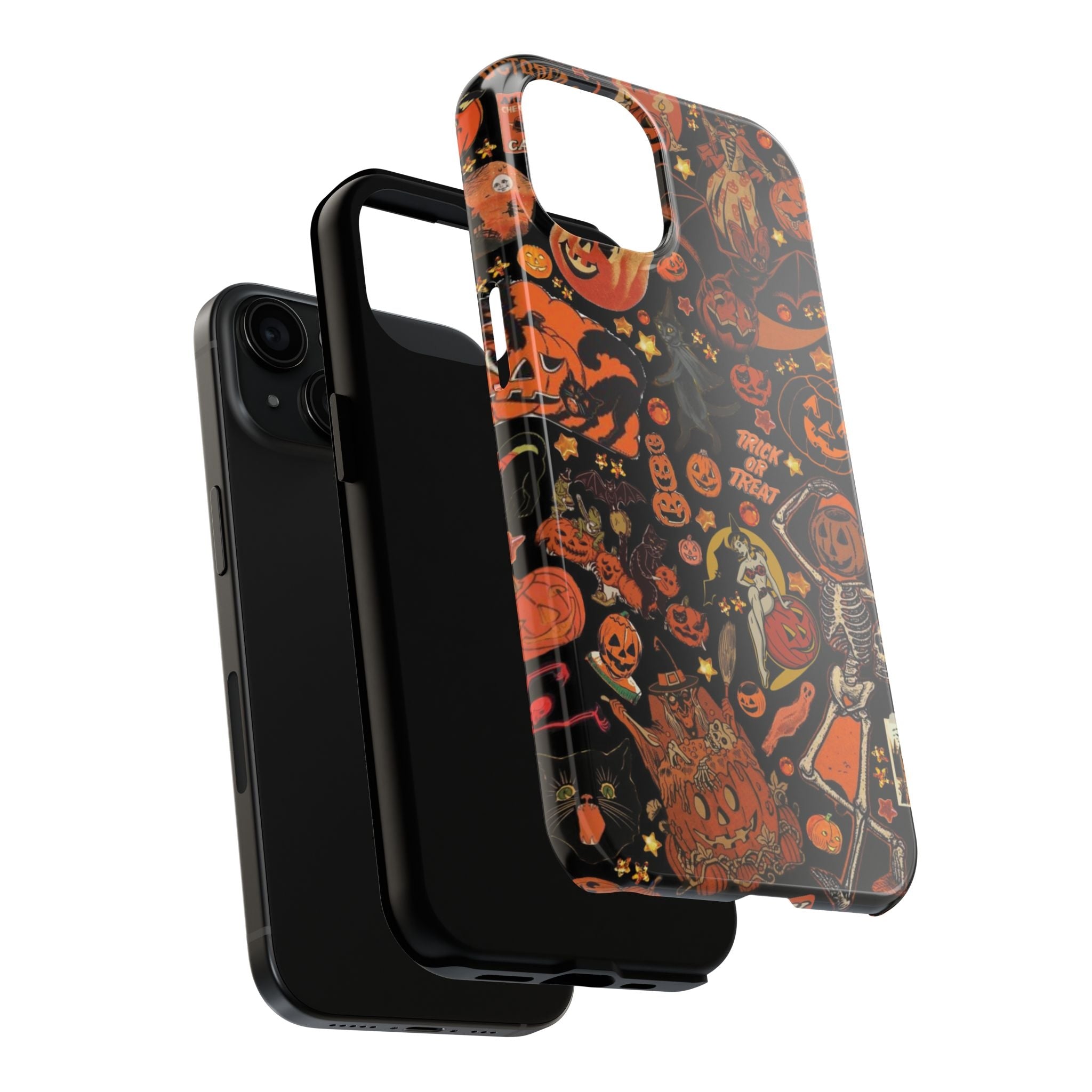 Vintage Trick or Treat Phone Case – Black Cats, Jack-o'-Lanterns & Candy Collage, Phone Accessory for ip 11 12 13 14 15 16 Promax Pro Plus