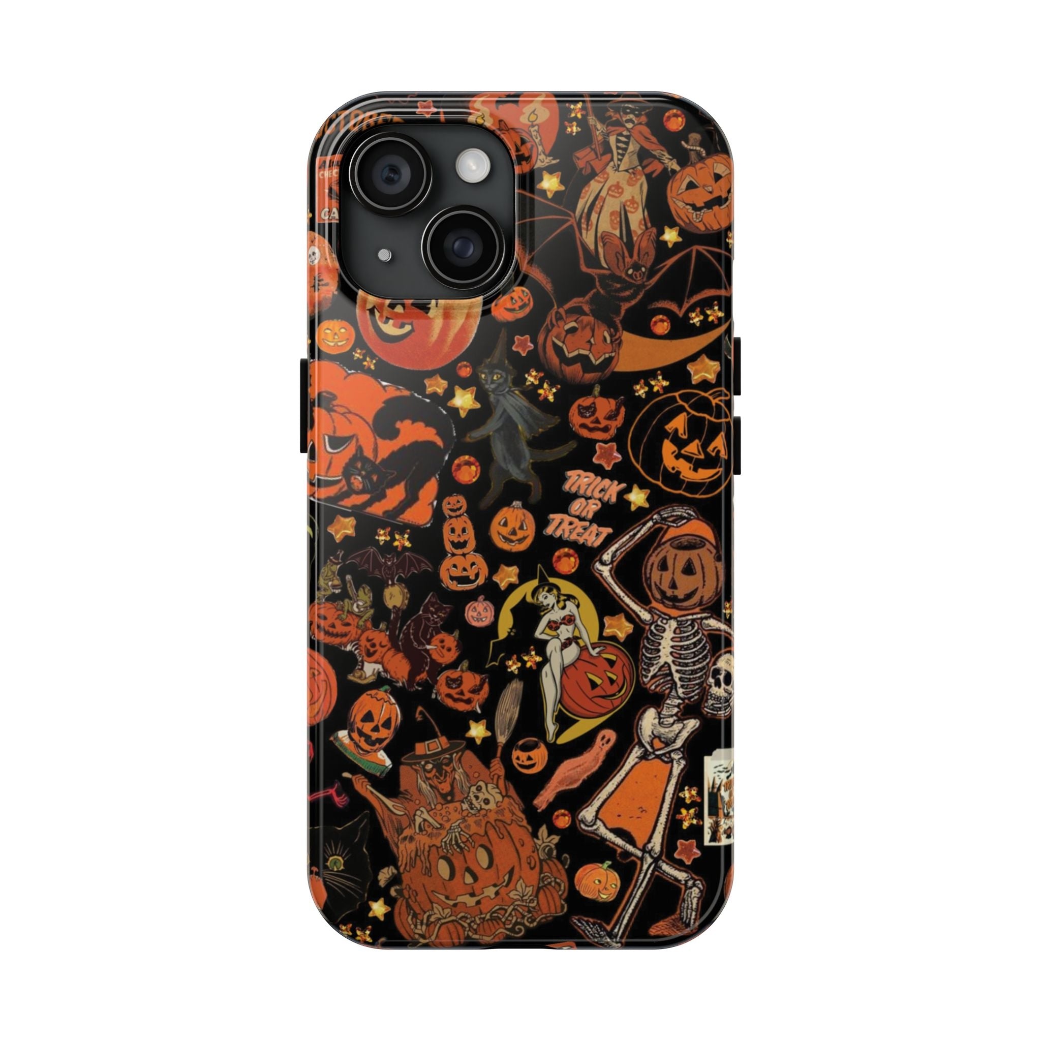 Vintage Trick or Treat Phone Case – Black Cats, Jack-o'-Lanterns & Candy Collage, Phone Accessory for ip 11 12 13 14 15 16 Promax Pro Plus