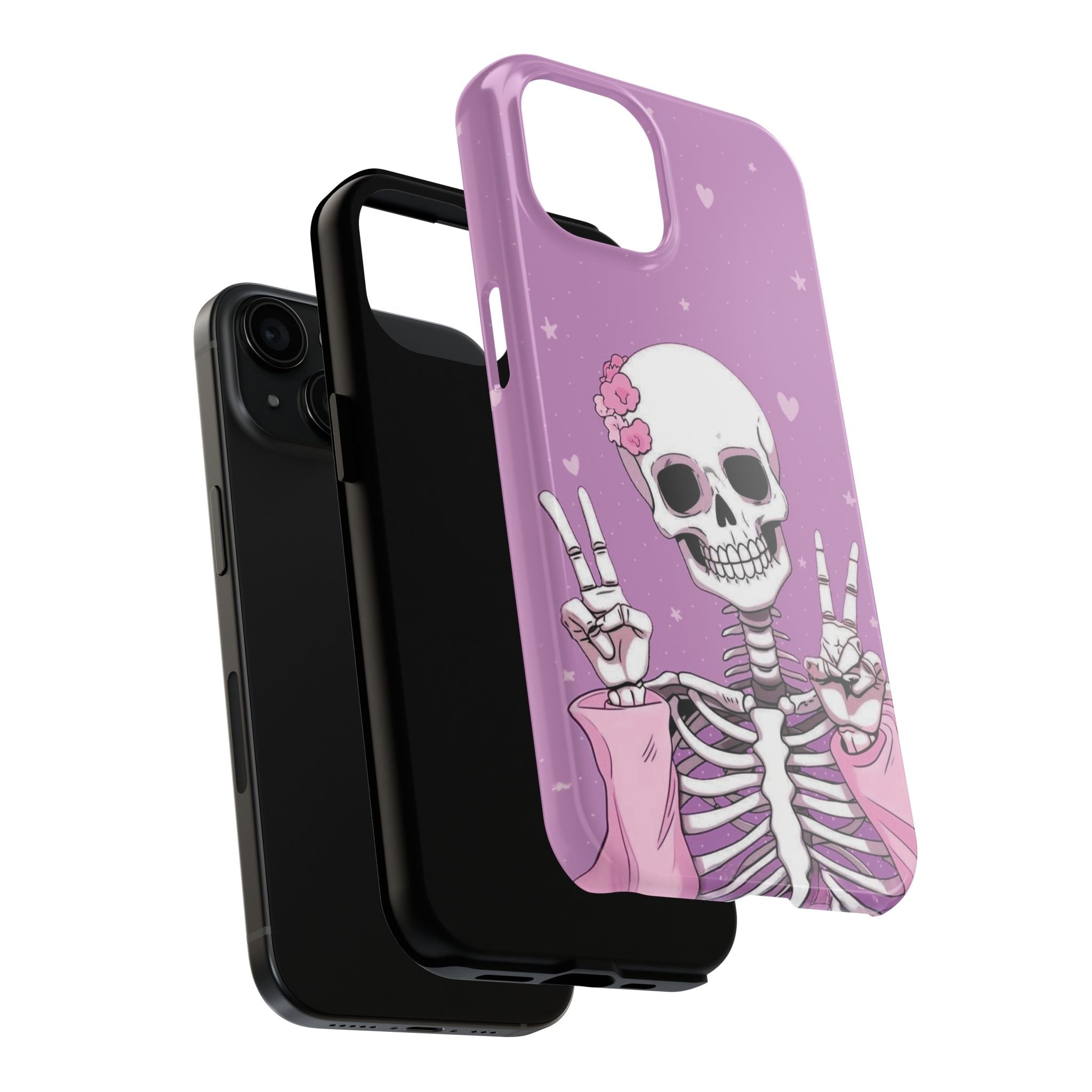 Cute Skeleton Phone Case – Pastel Goth, Kawaii Skull Aesthetic, Pink Skeleton Peace Sign Halloween Cover